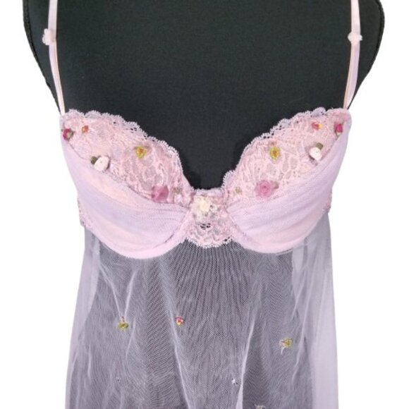 Vtg Y2K Delicates Mesh Babydoll Slip Dress M Embroidered Beaded Coquette Floral - Picture 1 of 10